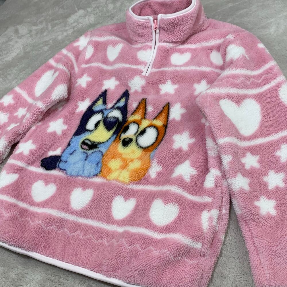 Bluey Sherpa Quarter Zip Sweater Girls Large 10/12 Pink Hearts Bingo Cozy Soft - Picture 3 of 9
